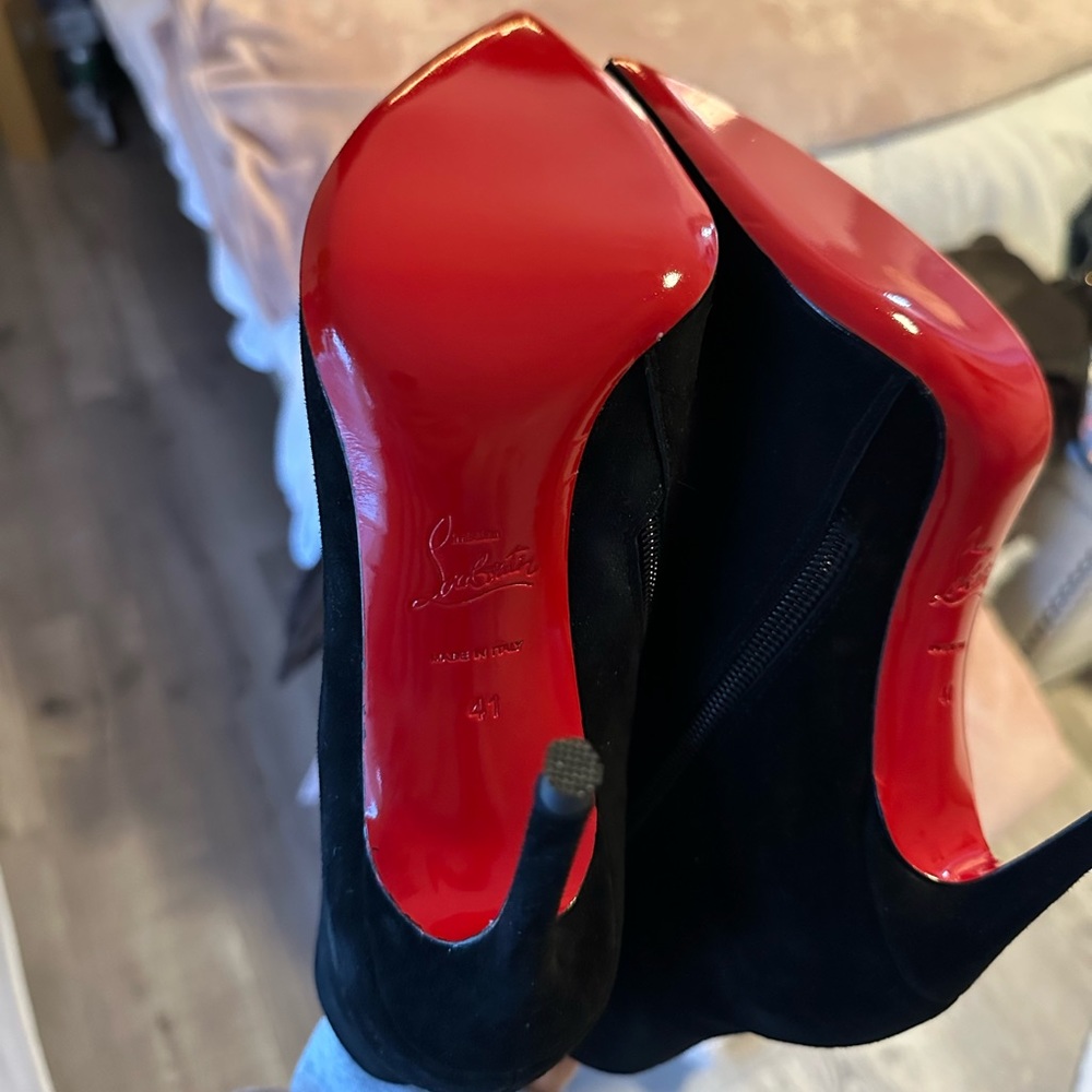 Louboutin black suede booties red bottom